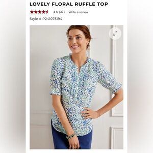 Talbots Lovely Floral Ruffle Top XL Light Cotton White & Blues Short Sleeve